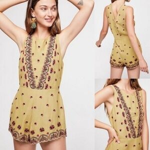 Free People Embroidered Romper Small Boho Floral Scalloped Hem V-Back Festival